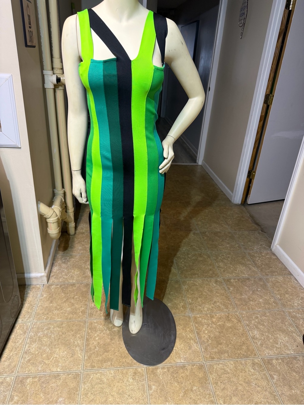 AKIRA Neon & Emerald Green Striped Midi Dress with Fringe Slits